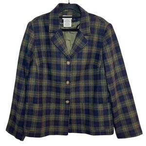 Vintage Wool Tartan Plaid Blazer Jacket Olive Green Blue Size 12 Academia Preppy